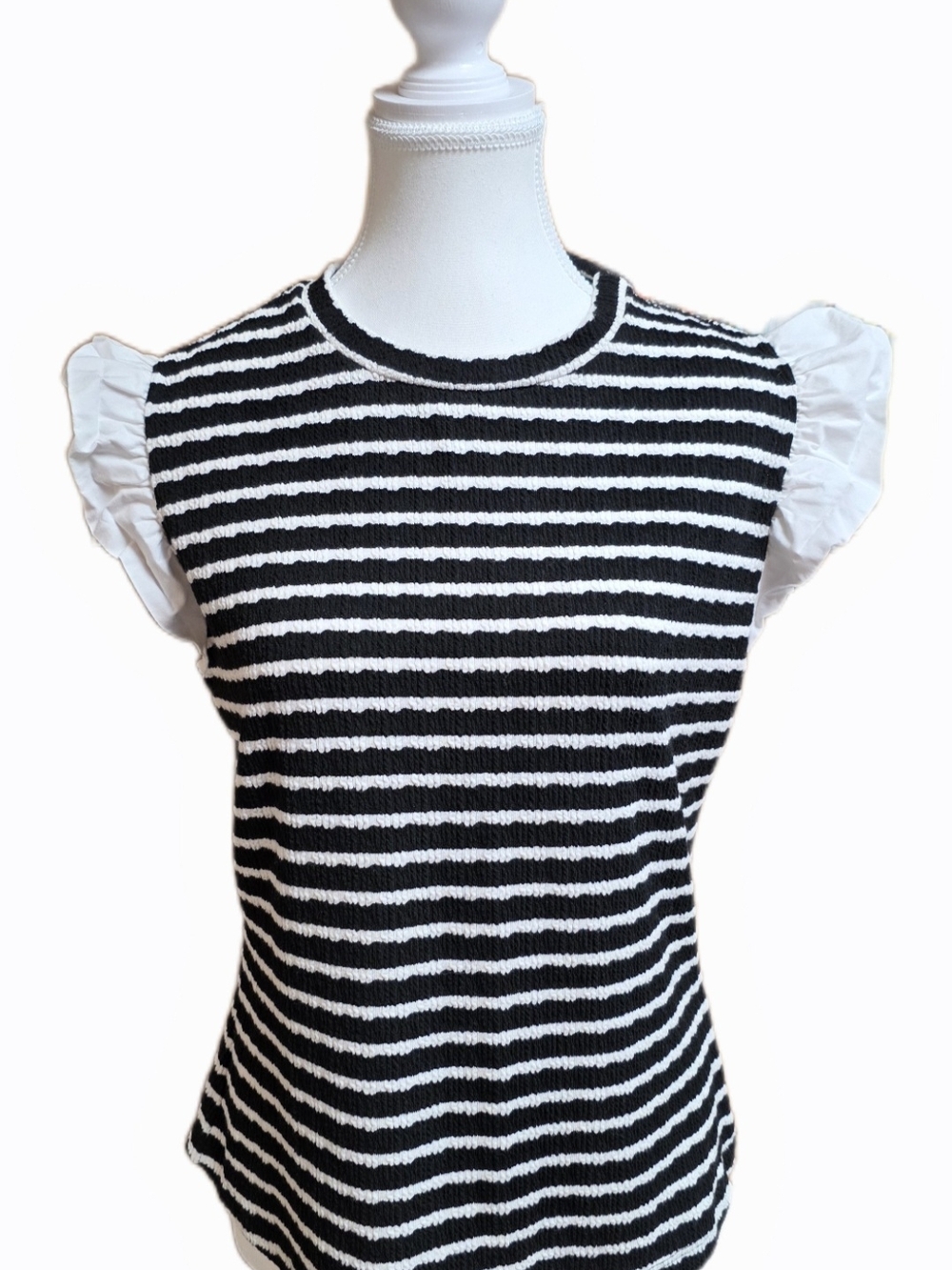 EMELIA Textured Stripe Knit Top Ruffle Sleeve Black White XL Chic